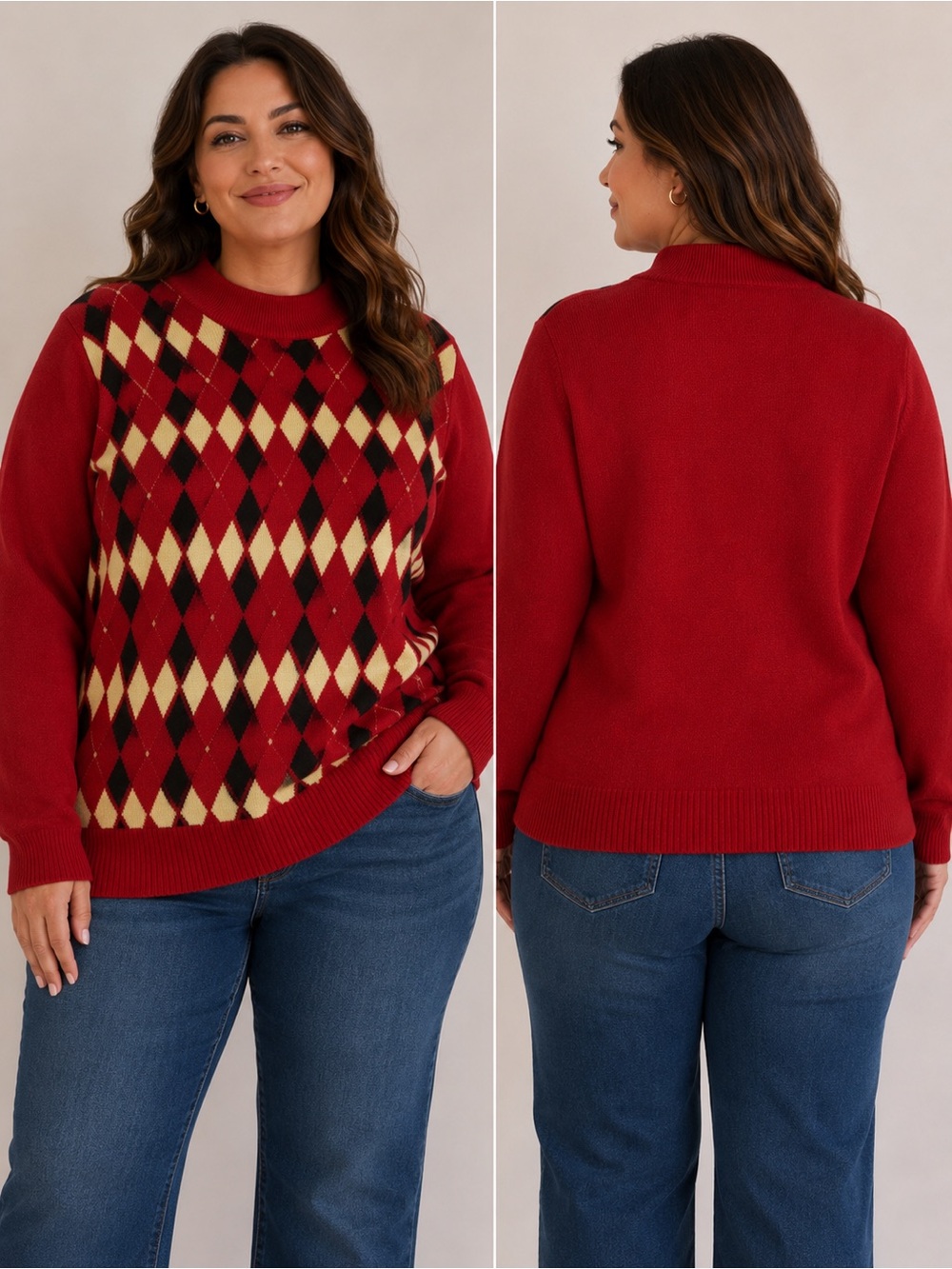 Vintage Tradition Argyle Mock Neck Sweater – Women’s Large (16–18)